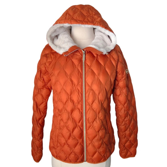 NWOT Michael Kors Orange Quilted Fur Hooded Packable Down-Filled Puffer Jacket - Picture 1 of 9